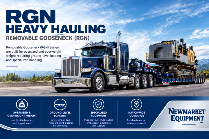 Removable Gooseneck (RGN) trailers are built for oversized and overweight freight requiring ground‑level loading and specialized handling.