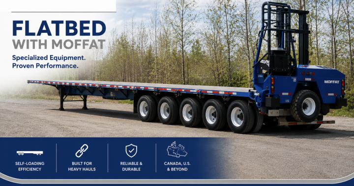 Flatbeds equipped with Moffett forklifts offer unmatched flexibility for sites without loading equipment. Ideal for construction materials and bulky freight.