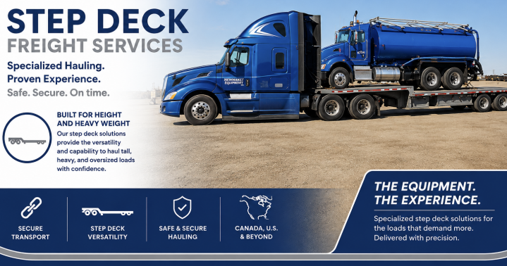 Step deck trailers offer the clearance needed for tall or oversized freight. Safe, compliant, and efficient transportation throughout Canada and the U.S.
